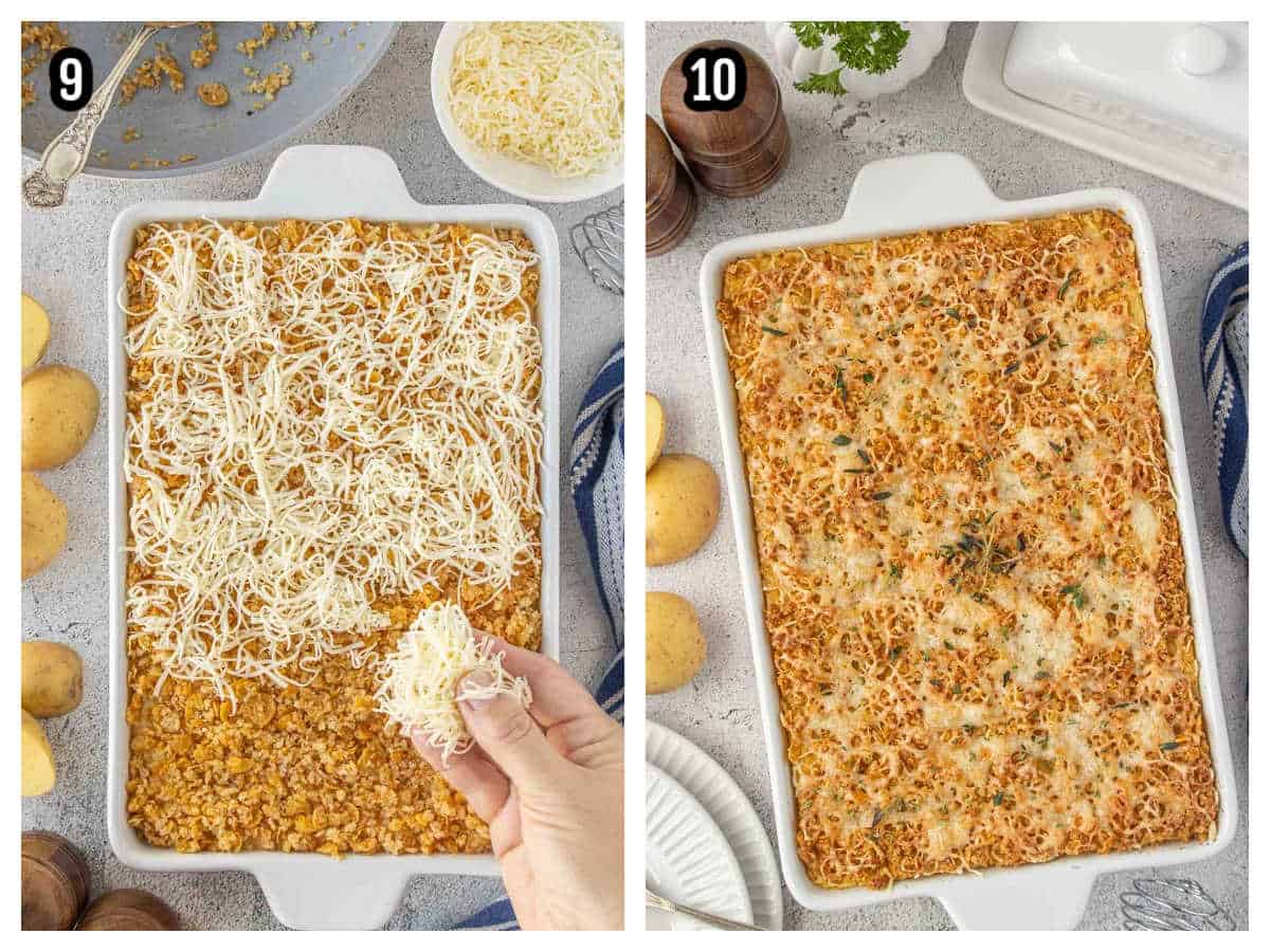 The final steps to making the baked mashed potato casserole with Gruyère cheese on top.