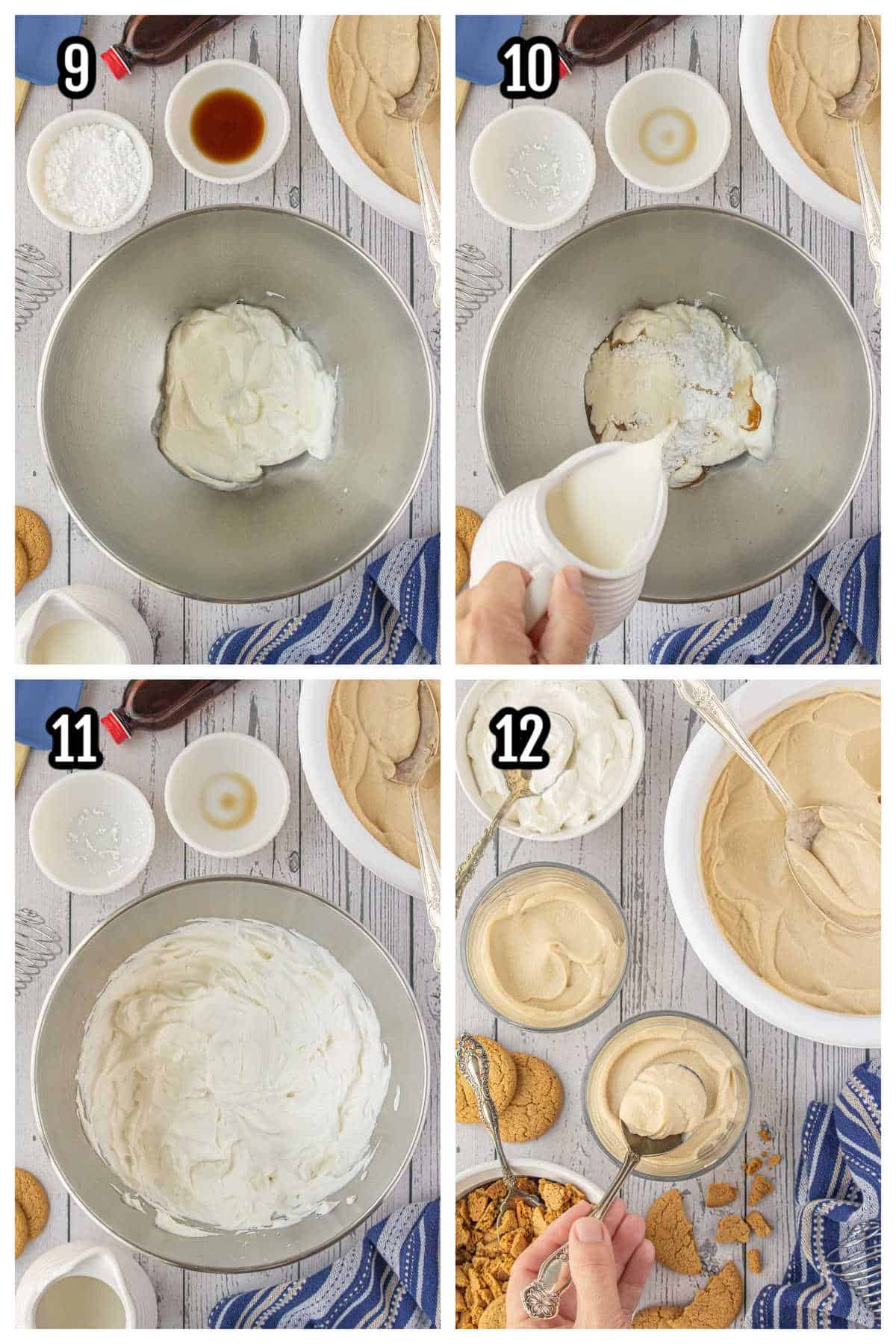 This collage features steps nine through twelve for the pudding dessert recipe.