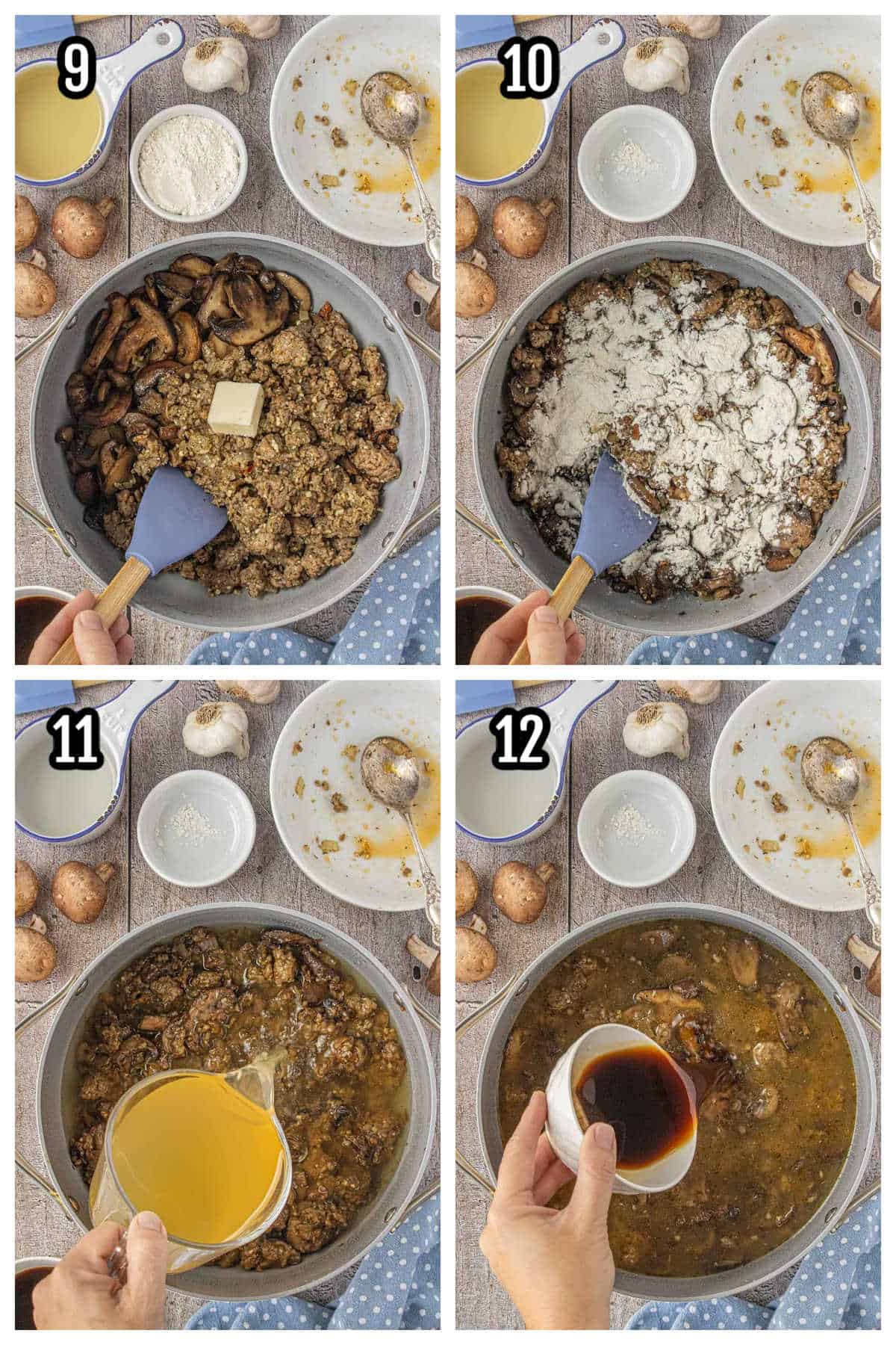A third set of four steps to making the recipe for hearty three-mushroom soup.