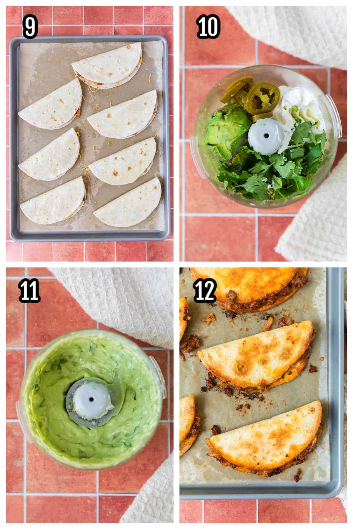 A collage featuring steps nine through twelve for the beef taco recipe topped with cilantro lime sauce.