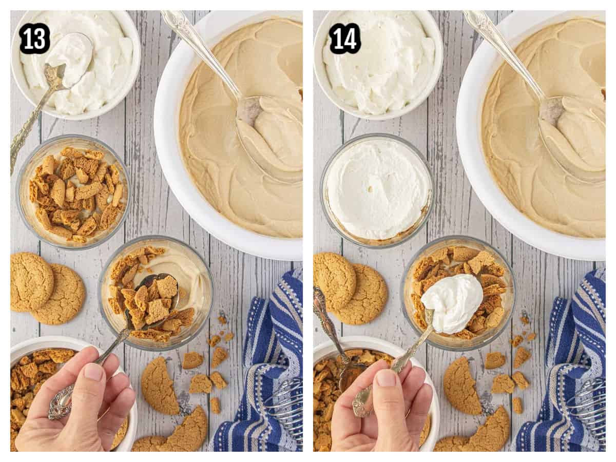 Fourth collage shows how to assemble the holiday butterscotch pudding dessert.