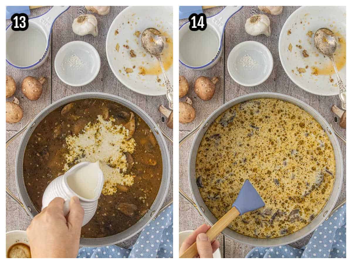 A two-photo collage features the final steps to the mushroom sausage soup recipe.