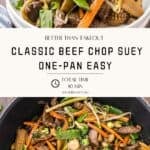 A collage featuring the easiness of beef stir-fry with colorful vegetables with one photo of a serving.