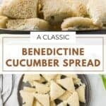 A two photo collage features the cream cheese and cucumber sandwiches cut into triangles.