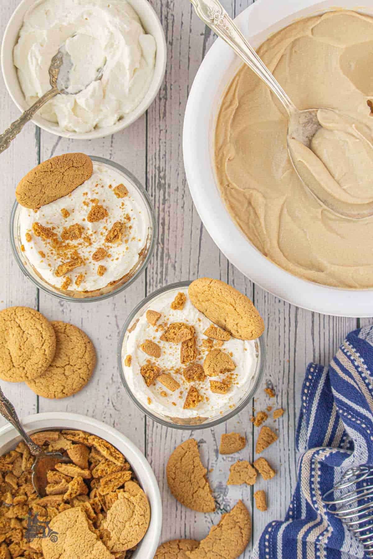 The homemade butterscotch pudding is poured into the parfait glasses and topped with the crème fraîche and cookie crumbles.