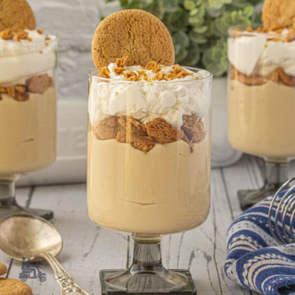 A glass parfait holding creamy butterscotch pudding layered with gingersnap crumbles and topped with whipped crème fraîche.