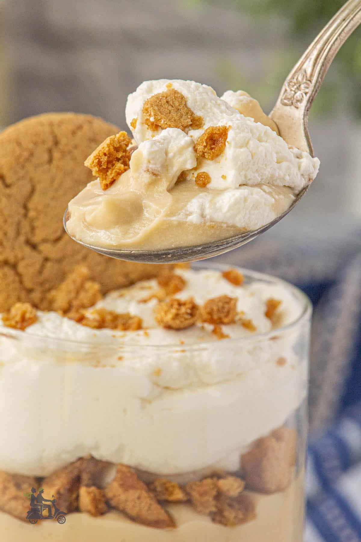 A spoon holding a bite of creamy butterscotch pudding topped with gingersnap crumble.