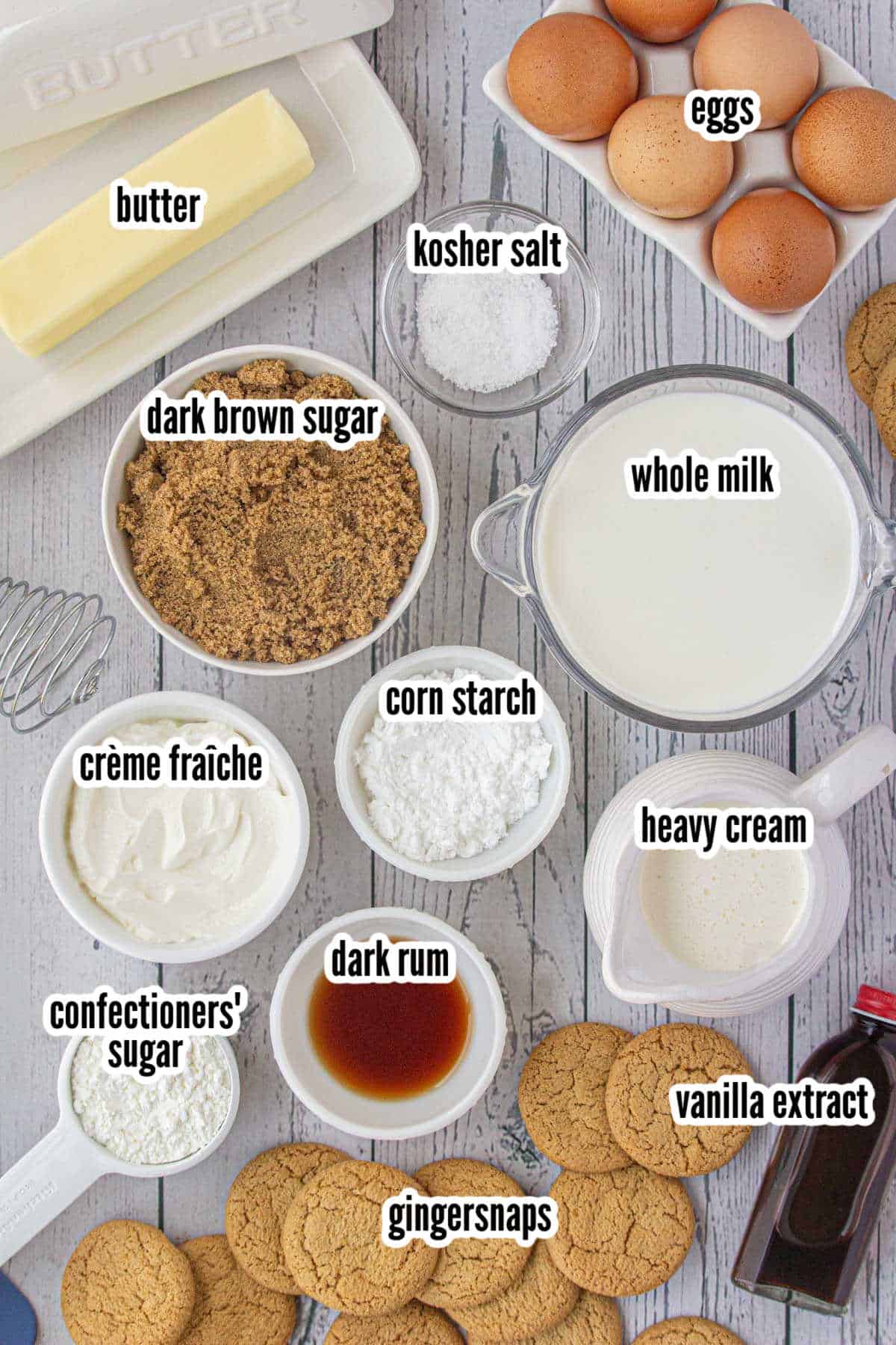 Here’s a picture of the ingredients for making a delicious rum butterscotch pudding parfait. It’s topped with whipped cream and cookie crumbles.