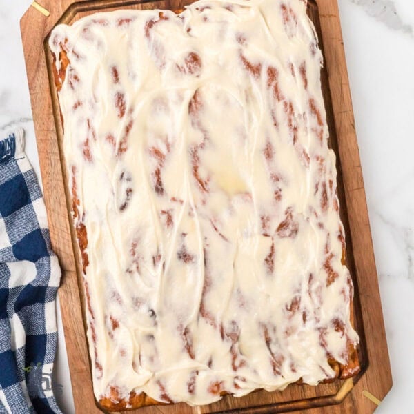Cinnamon Roll Focaccia with Cream Cheese Glaze perfect for brunch, holiday mornings.