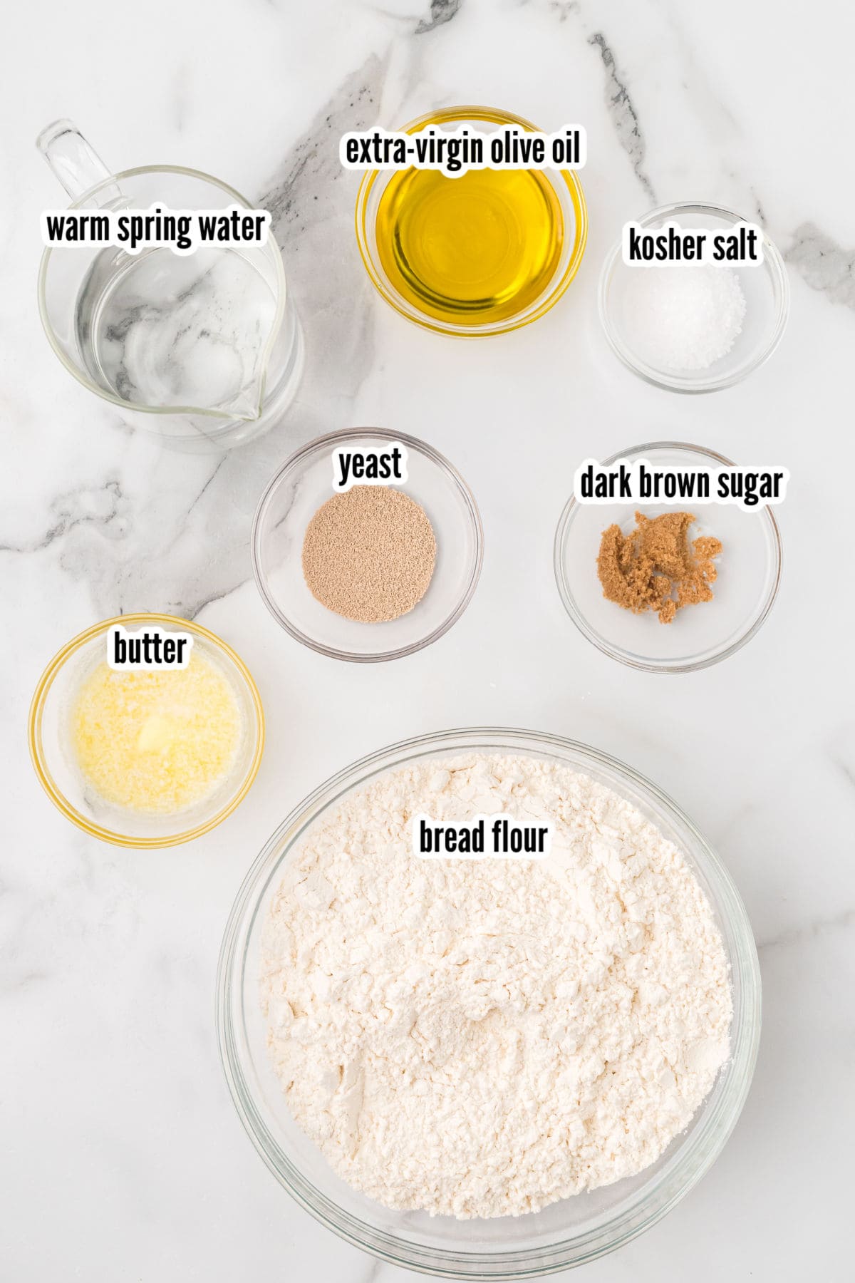 Ingredients to the dough part of the sweet roll focaccia. 