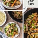 A three-photo collage featuring homemade stir-fried beef with colorful Chinese vegetables.