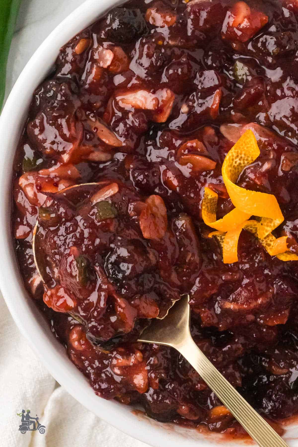 A closeup of the serving spoon in the holiday cranberry orange relish.