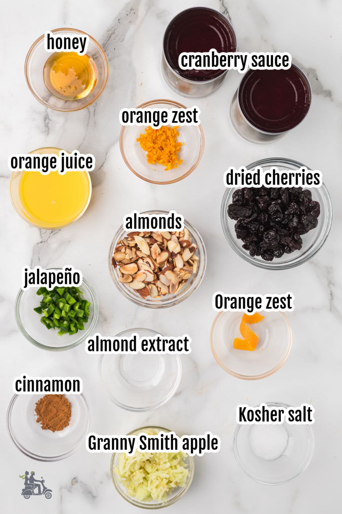 The ingredients needed to make the Ina Garten inspired Cranberry Orange relish with dried cherries and jalapeño pepper.