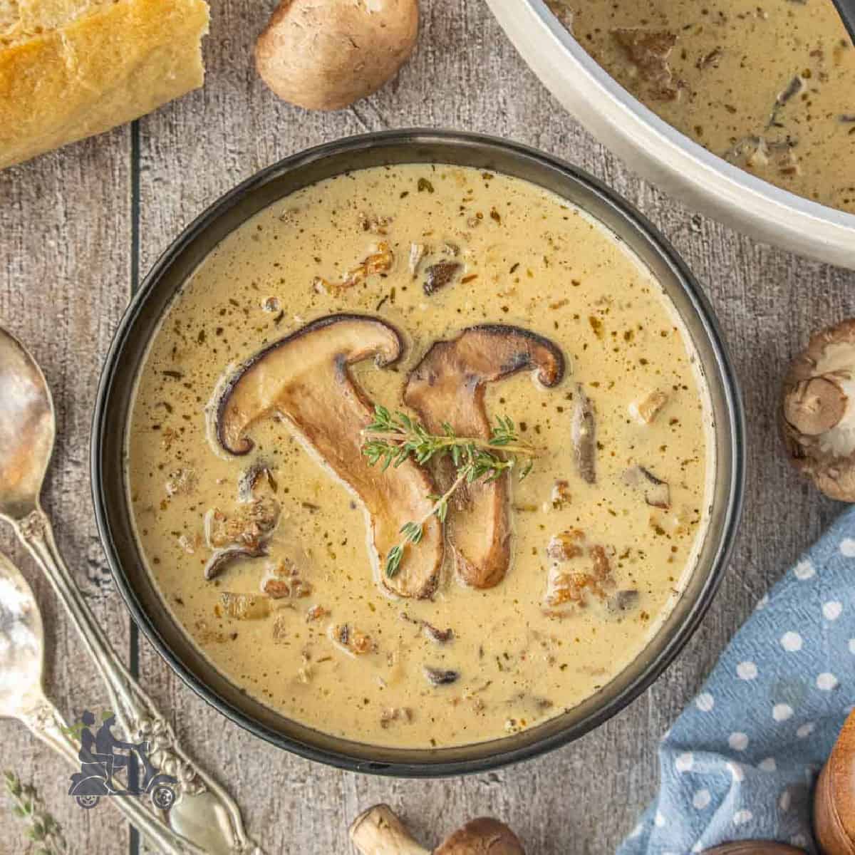 Creamy mushroom soup with Italian sausage served with a thyme sprig on top.