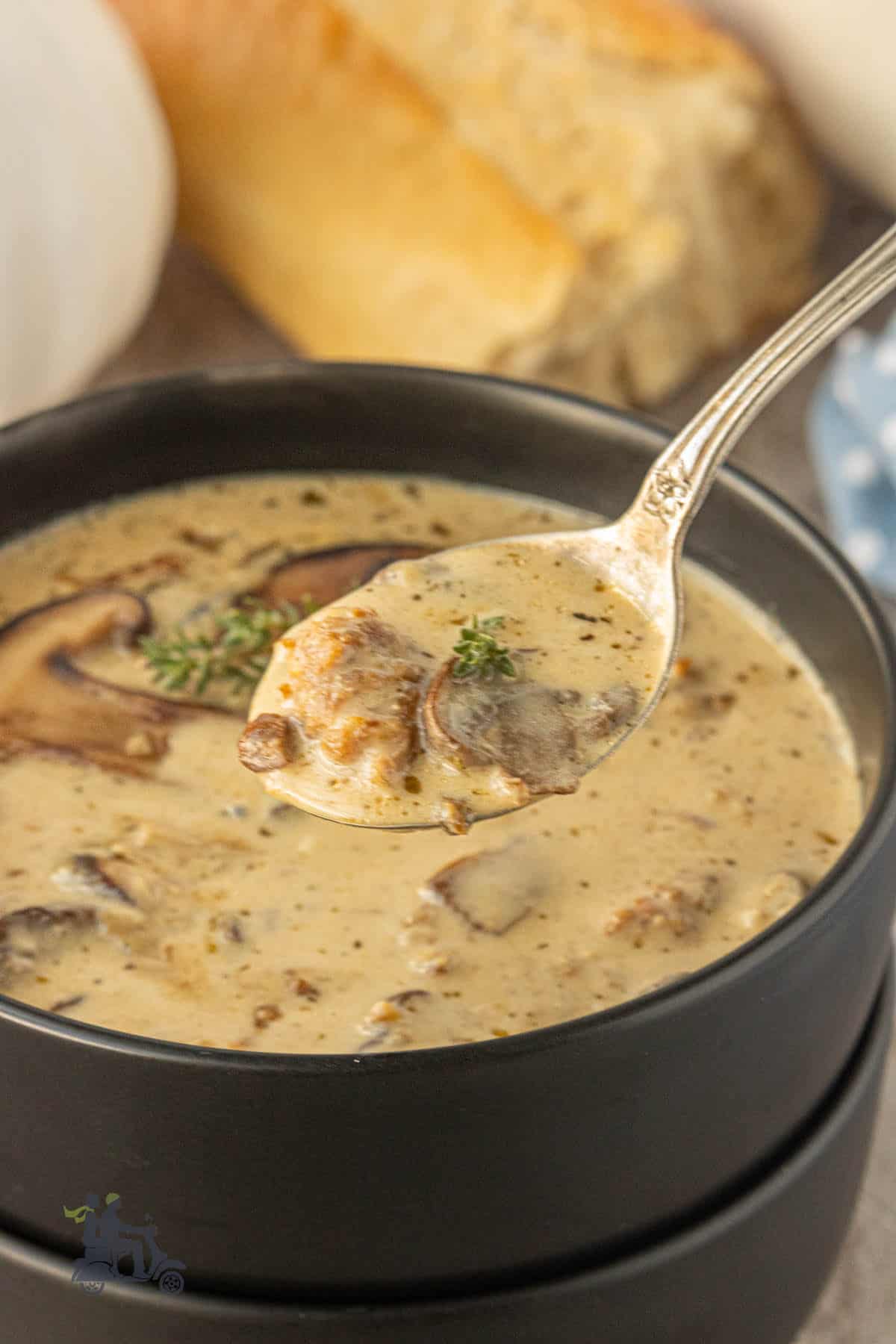 Three mushroom soup with baby bella, shiitake, and porcini mushrooms.