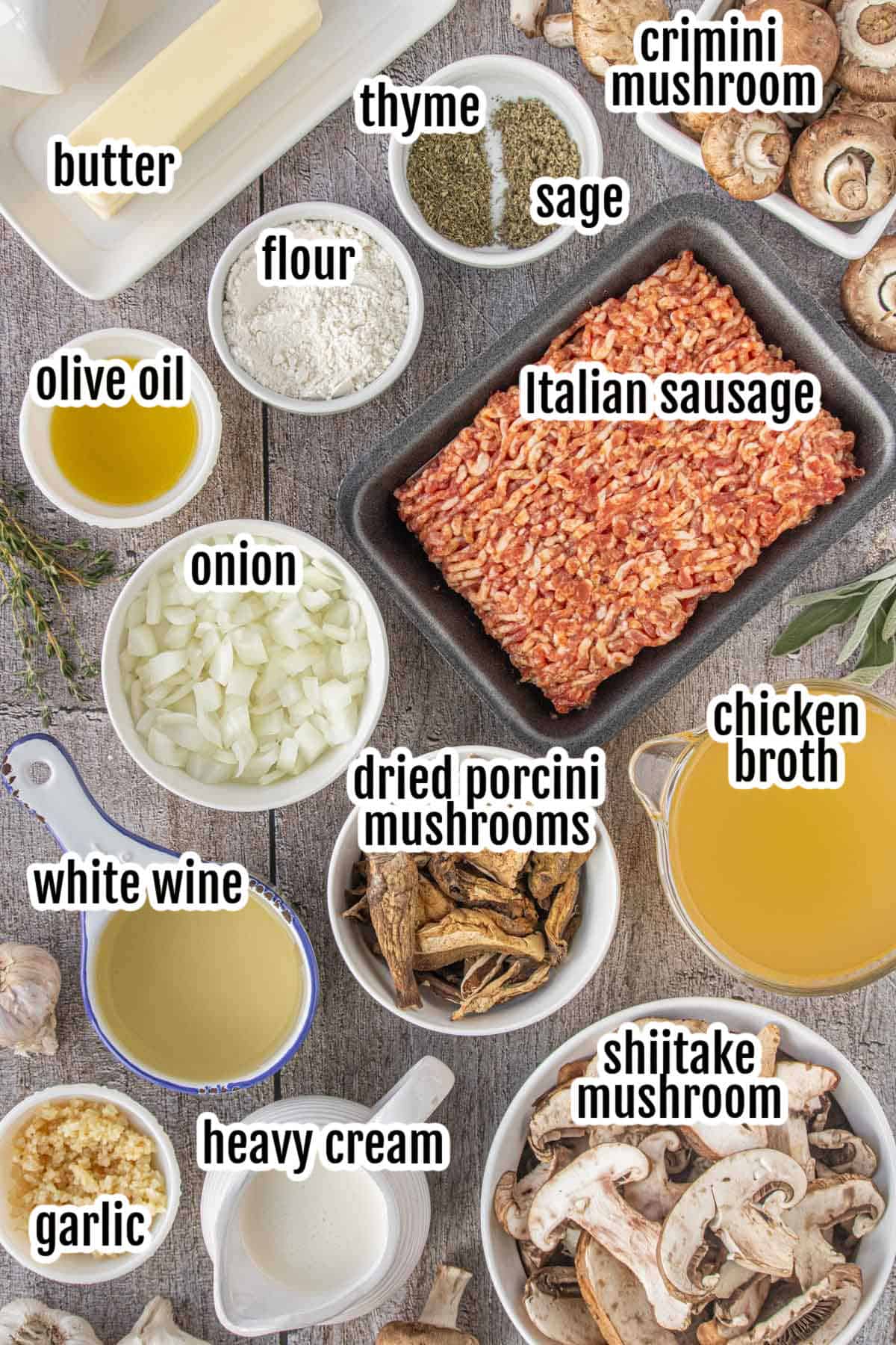 Image of the ingredients needed to make the three mushroom soup with sausage recipe.