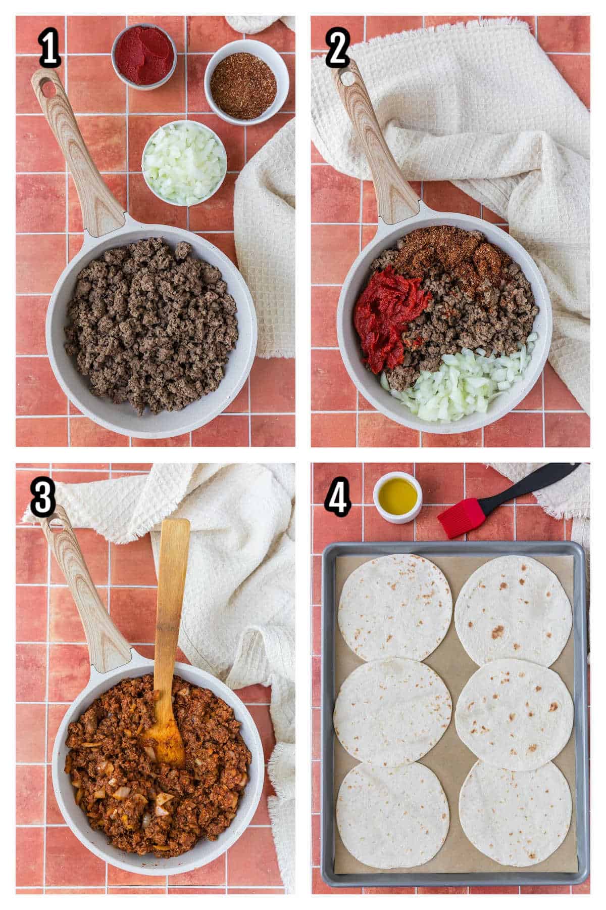 A collage featuring the first four steps to making the oven-baked beef tacos.