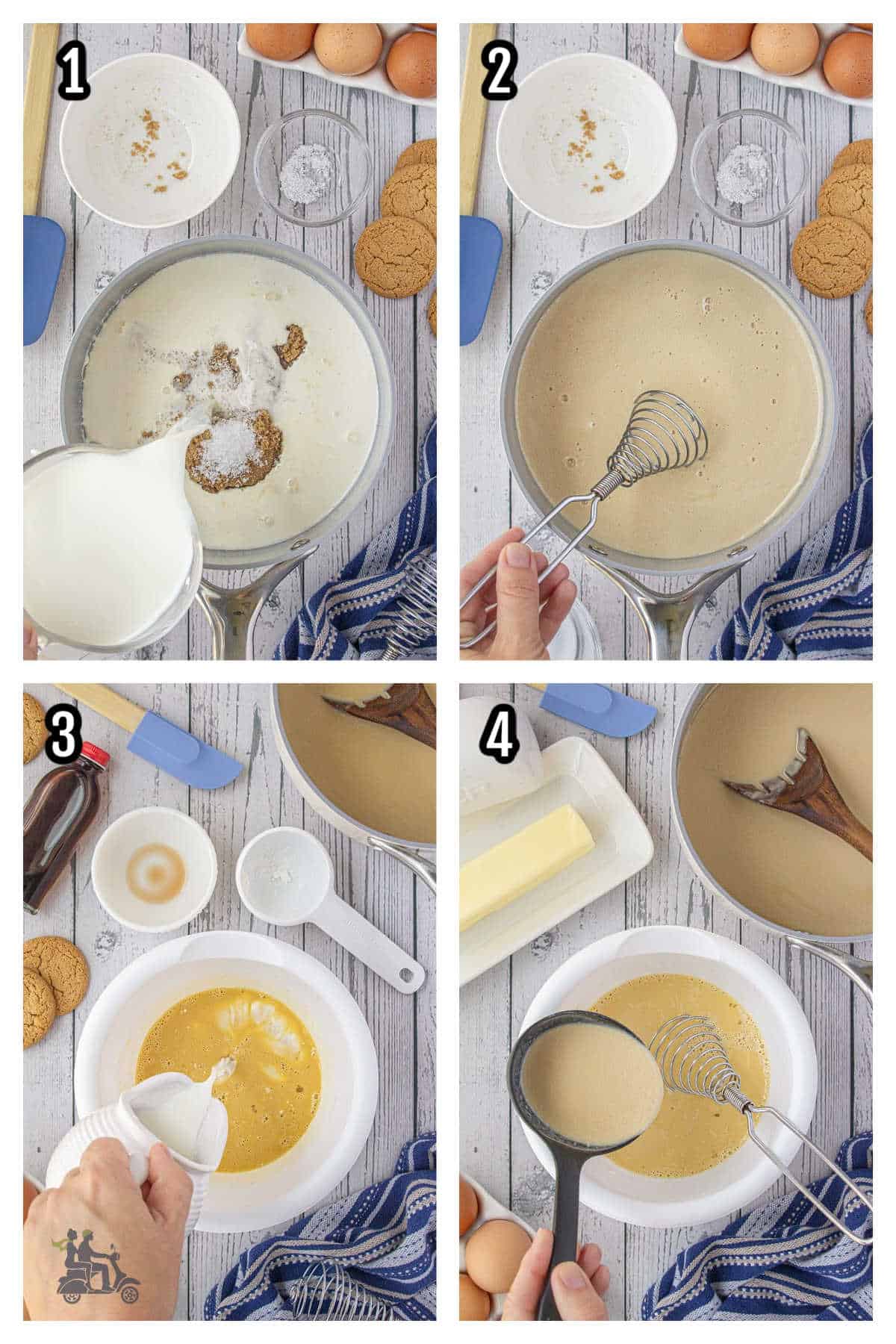 The first four steps in the recipe for the holiday rum butterscotch pudding dessert.