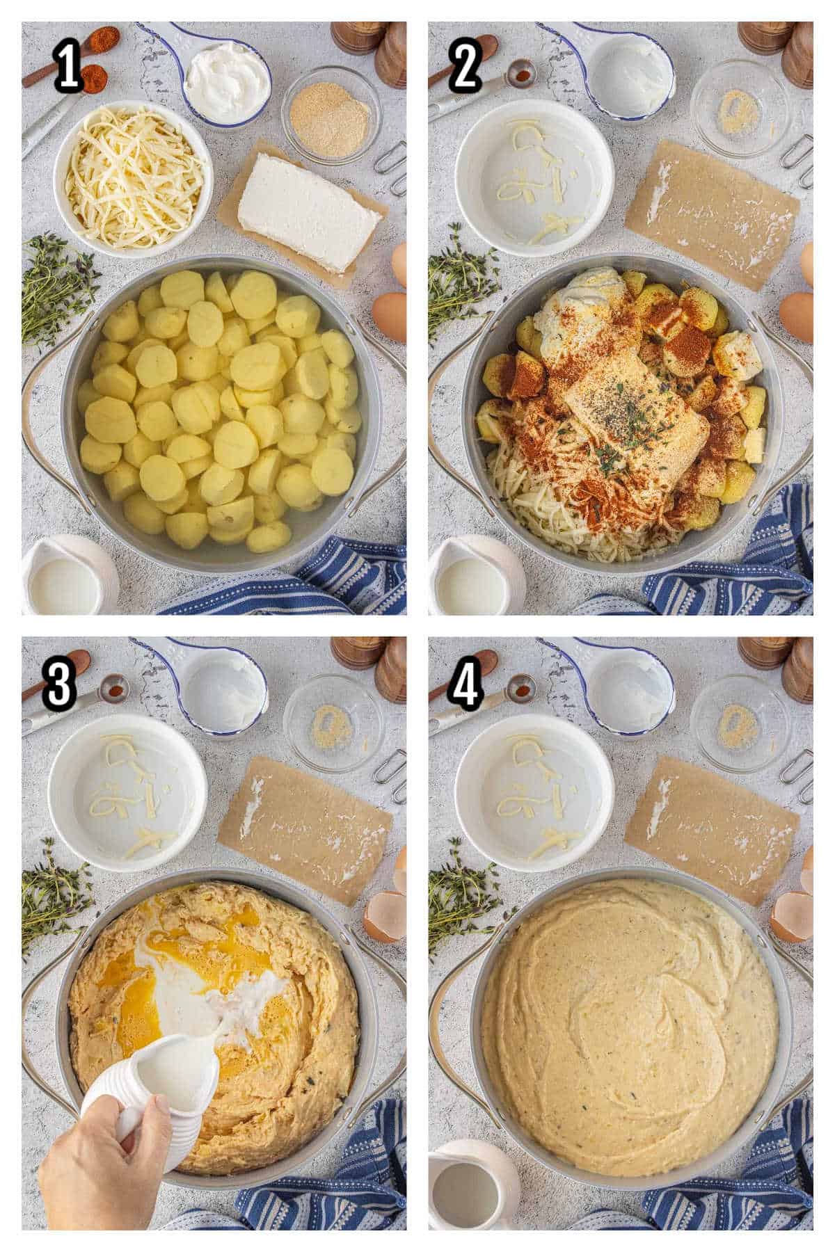 The first four steps to making the creamy mashed potatoes with cream cheese and sour cream.