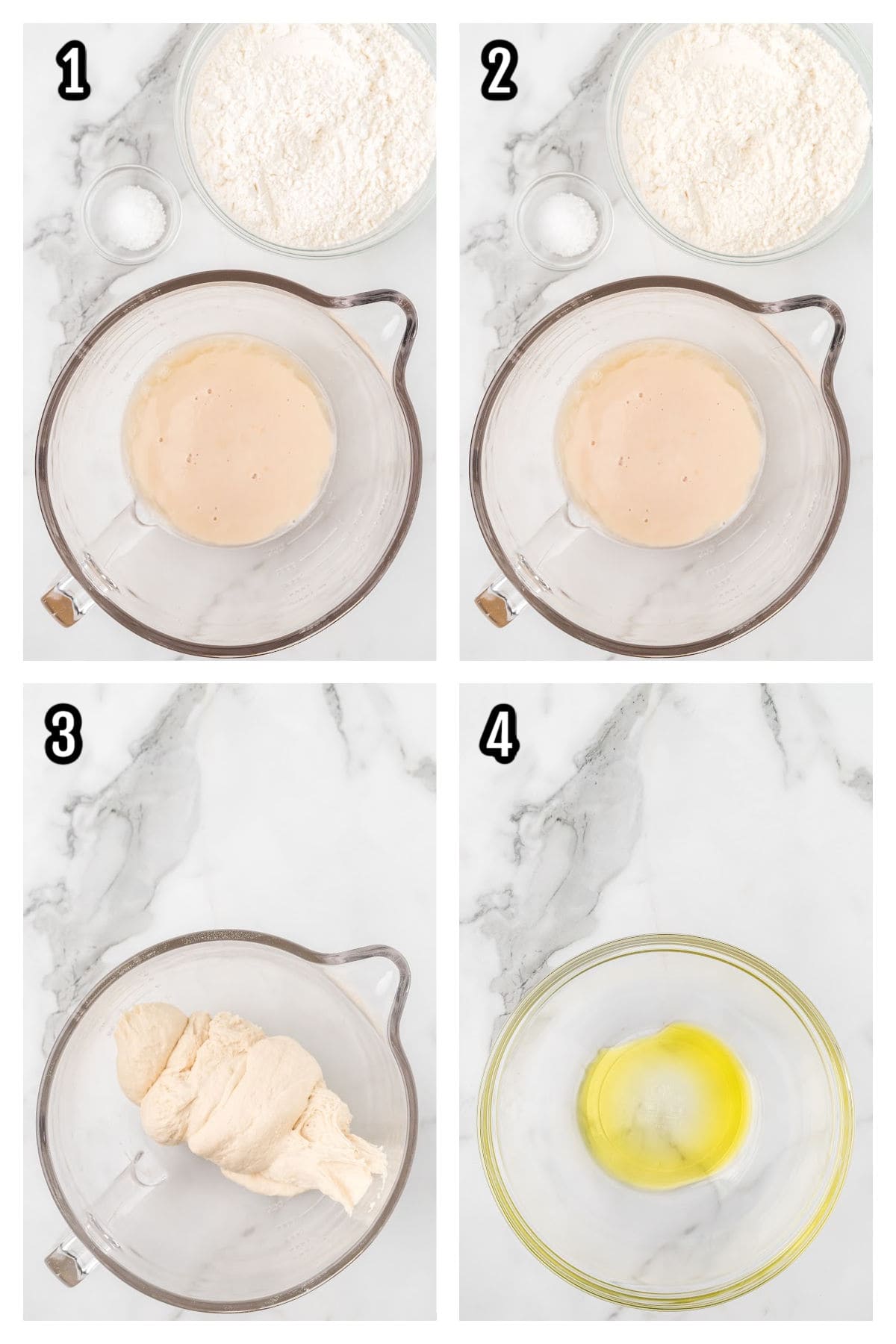 First four step for the Cinnamon Roll Focaccia recipe. 