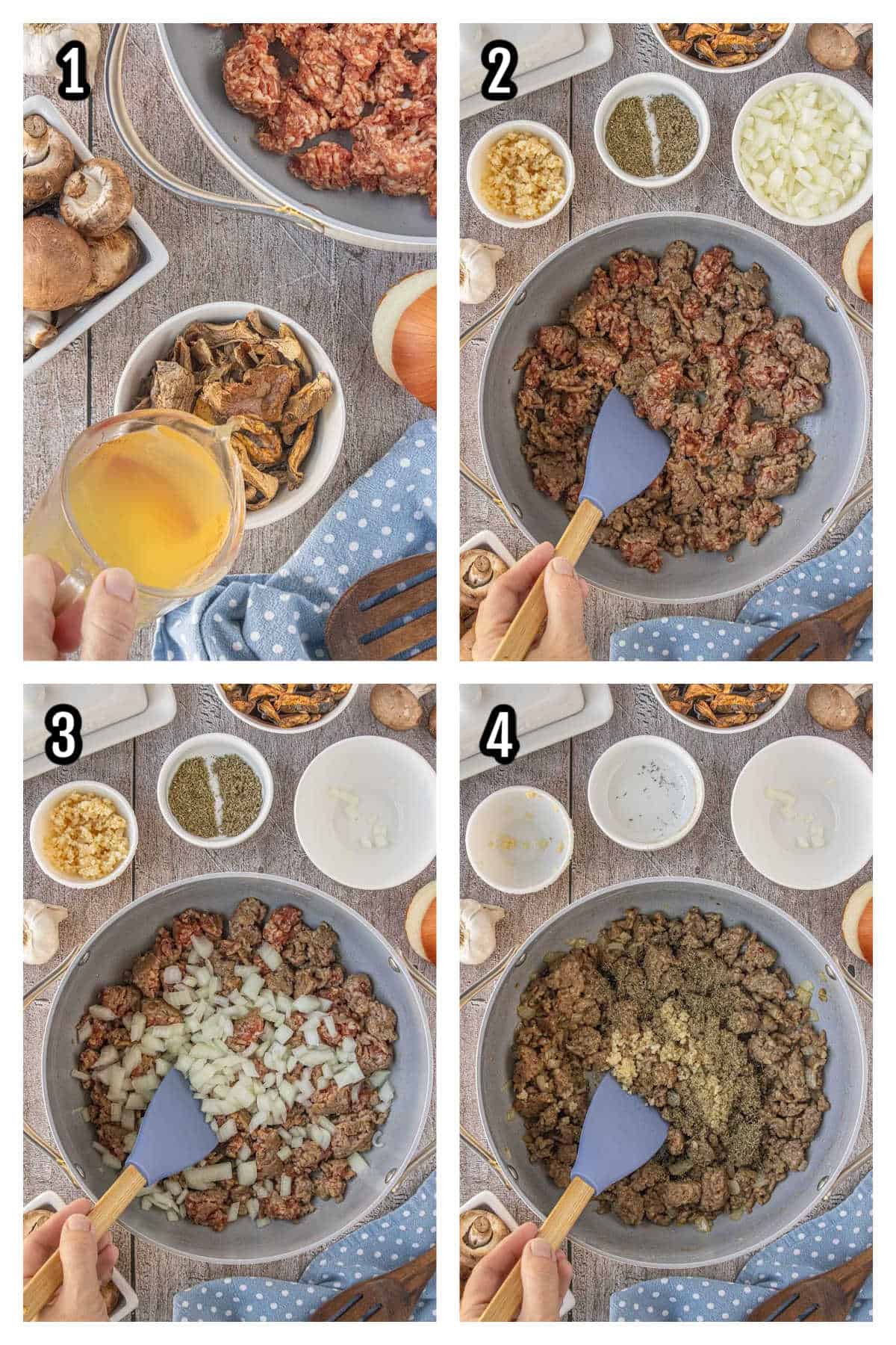 A collage with the first four steps for the creamy Italian mushroom soup.