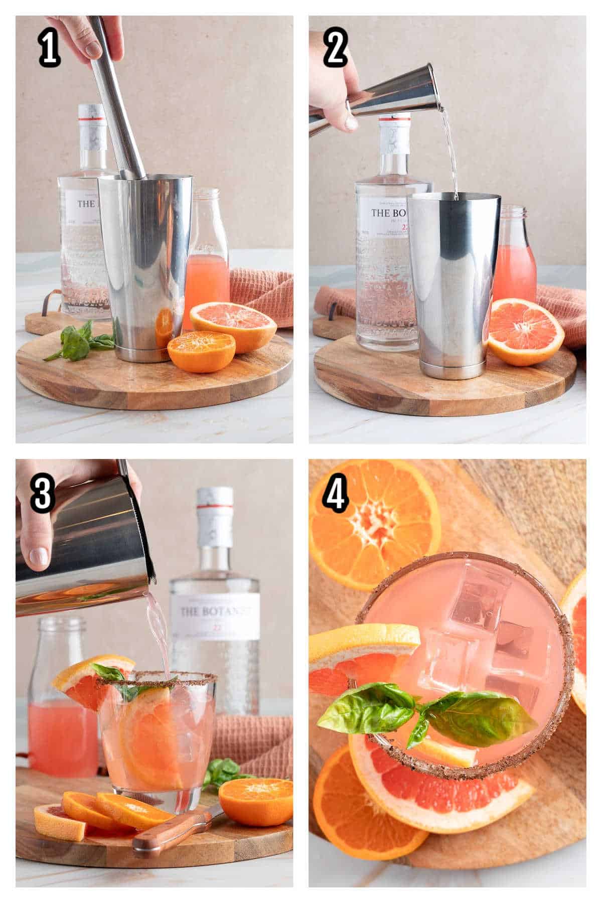 A collage featuring the steps to making the Basil infused Grapefruit with tangerine cocktail recipe.