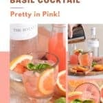 A three photo collage features a show-stopping holiday gin cocktail garnished with smoked salt rims, basil sprigs, and grapefruit wedges.