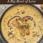 Hearty mushroom soup shown in three different photos with a ladle and with a spoon.