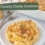 Make ahead mashed potatoes baked ahead in a casserole dish and topped with a crunchy, cheesy topping.