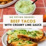 A two-photo collage featuring the avocado lime sauce and ground beef tacos recipe.