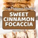Homemade sweet roll focaccia filled with cinnamon sugar and topped with a cream cheese glaze.