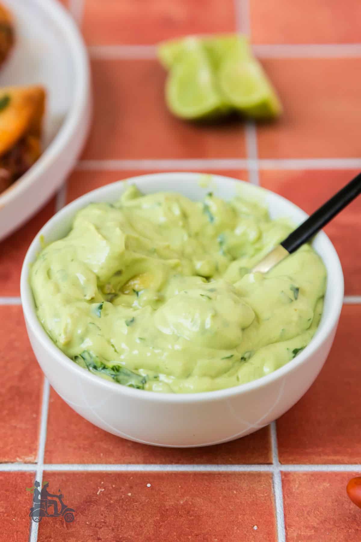 Creamy smooth cilantro avocado sauce for adding to the spicy beef tacos.
