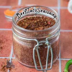 A jar filled with Beef Taco Mix, much like the El Paso Brand.