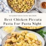 Here’s a two-photo collage. It shows radiatori pasta mixed with chicken thigh pieces. The dish is coated in a bright lemon butter sauce, flavored with garlic and herbs.