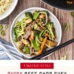 Pinterest pin with homemade beef chop suey with chopsticks.