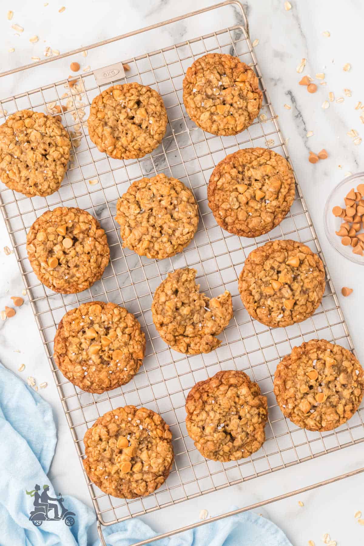 Best oatmeal cookies with cinnamon and butterscotch chips cooling on a wire rack.