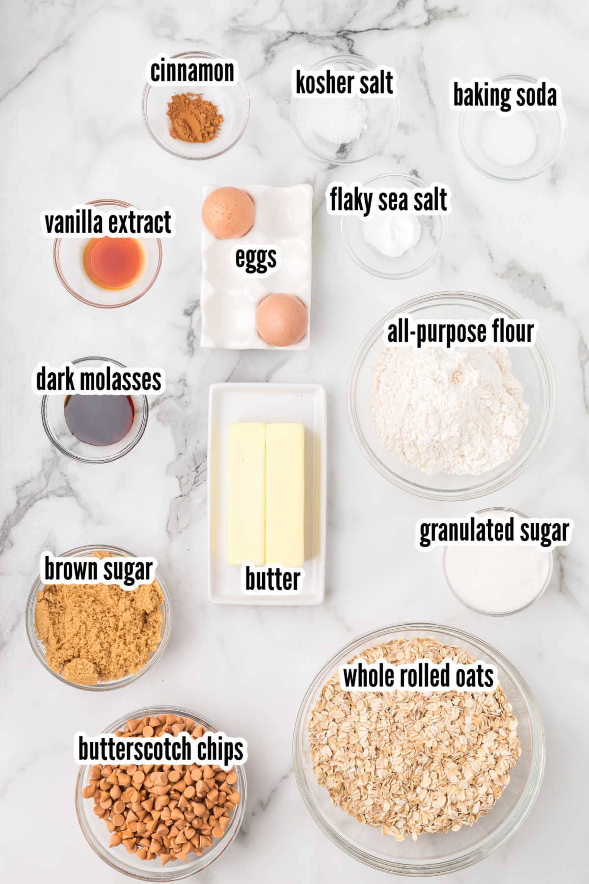 Image of the ingredients needed to make the old fashioned oatmeal butterscotch chip cookies. 