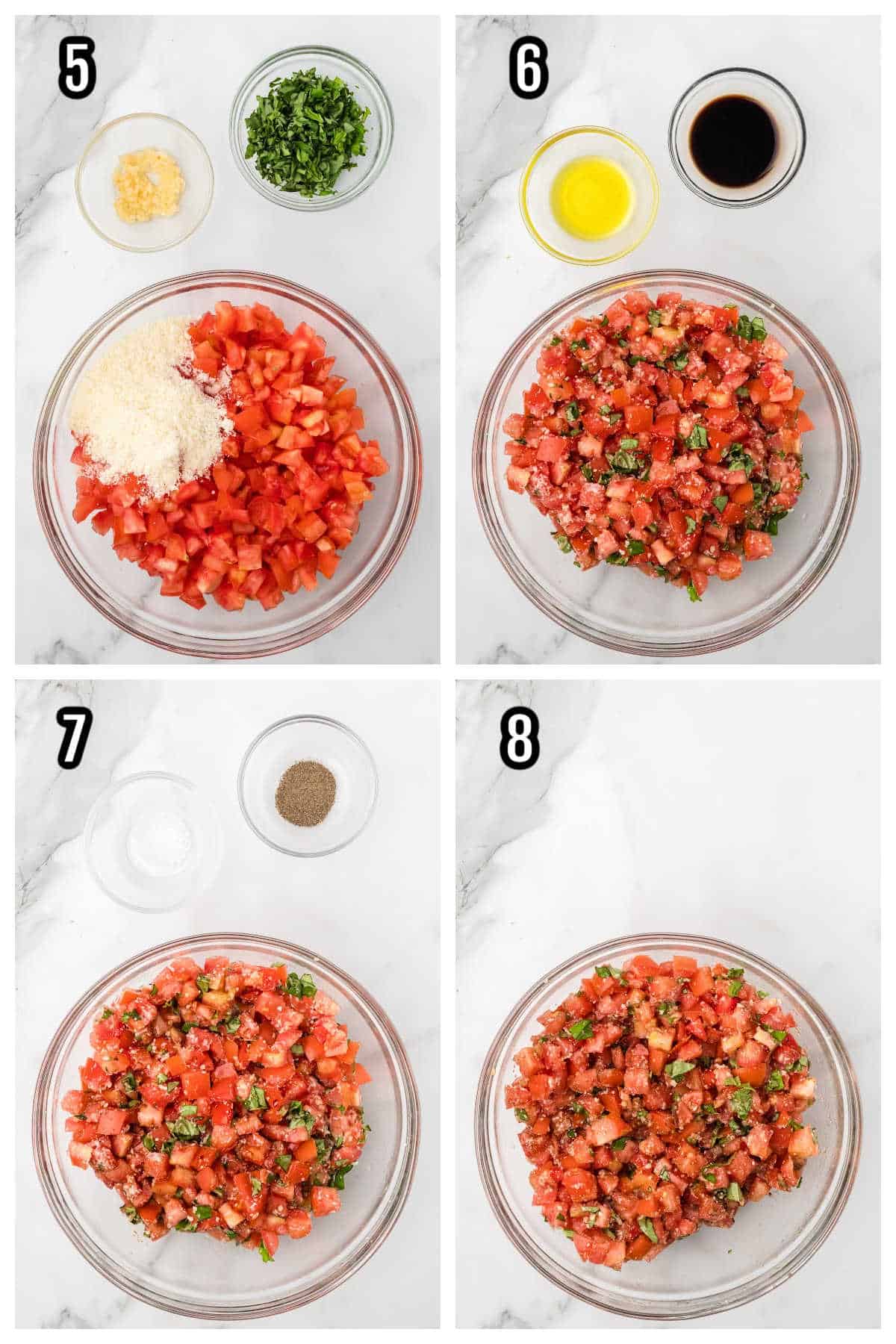Preparing the diced Roma tomatoes with balsamic vinegar for the bruschetta topping.