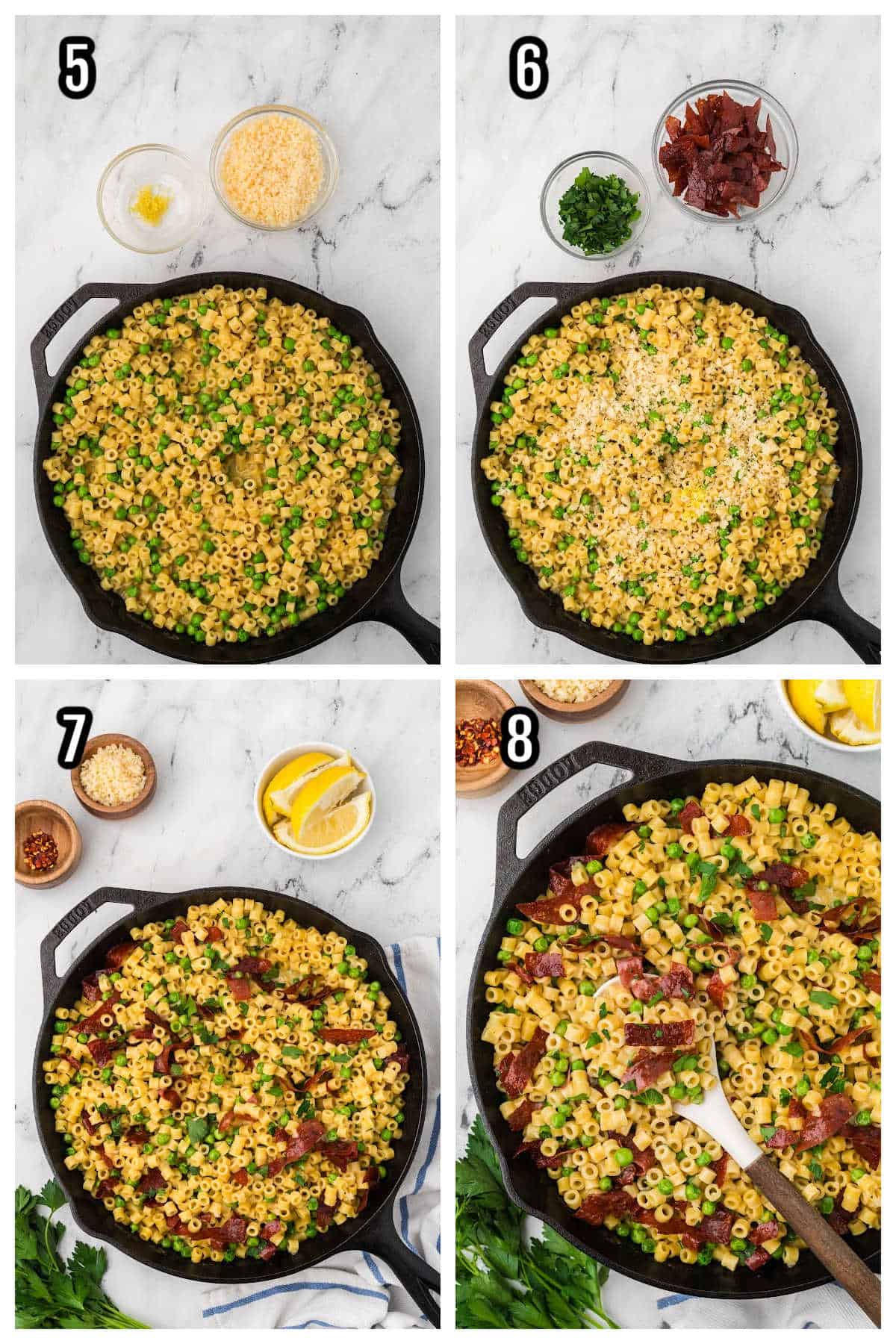 A collage shows steps five through eight to complete the ditalini and peas dinner pasta recipe.
