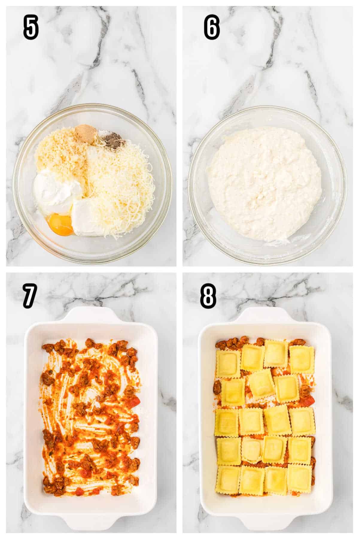 A second collage features steps five through eight of the Italian sausage ravioli bake made with refrigerated ravioli.