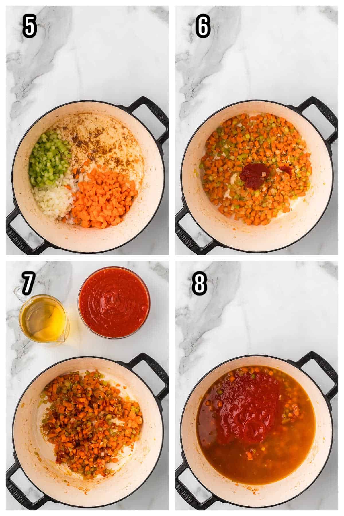 A collage showing steps five through eight of the Italian pork shoulder sauce.