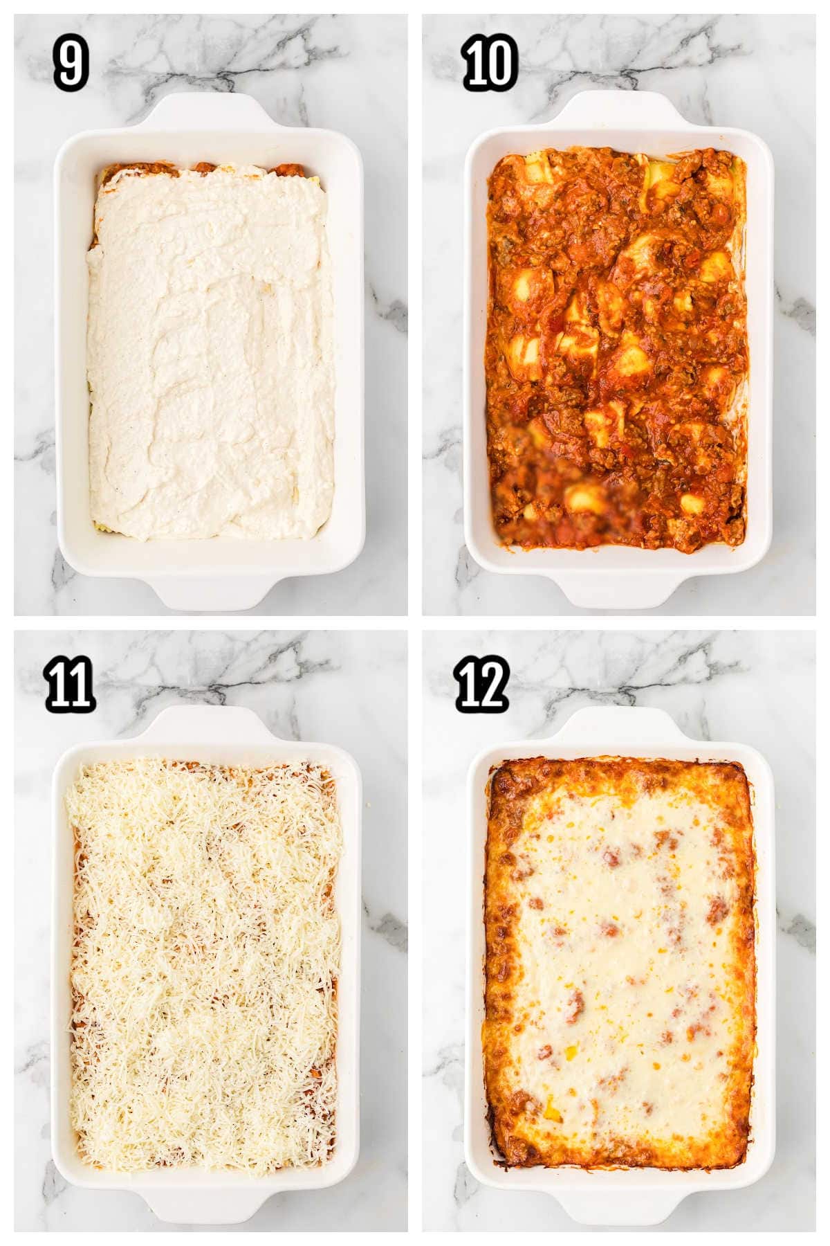 This third collage shows steps nine through twelve for making the oven-baked ravioli casserole. It includes a tasty ricotta and cream cheese mixture.