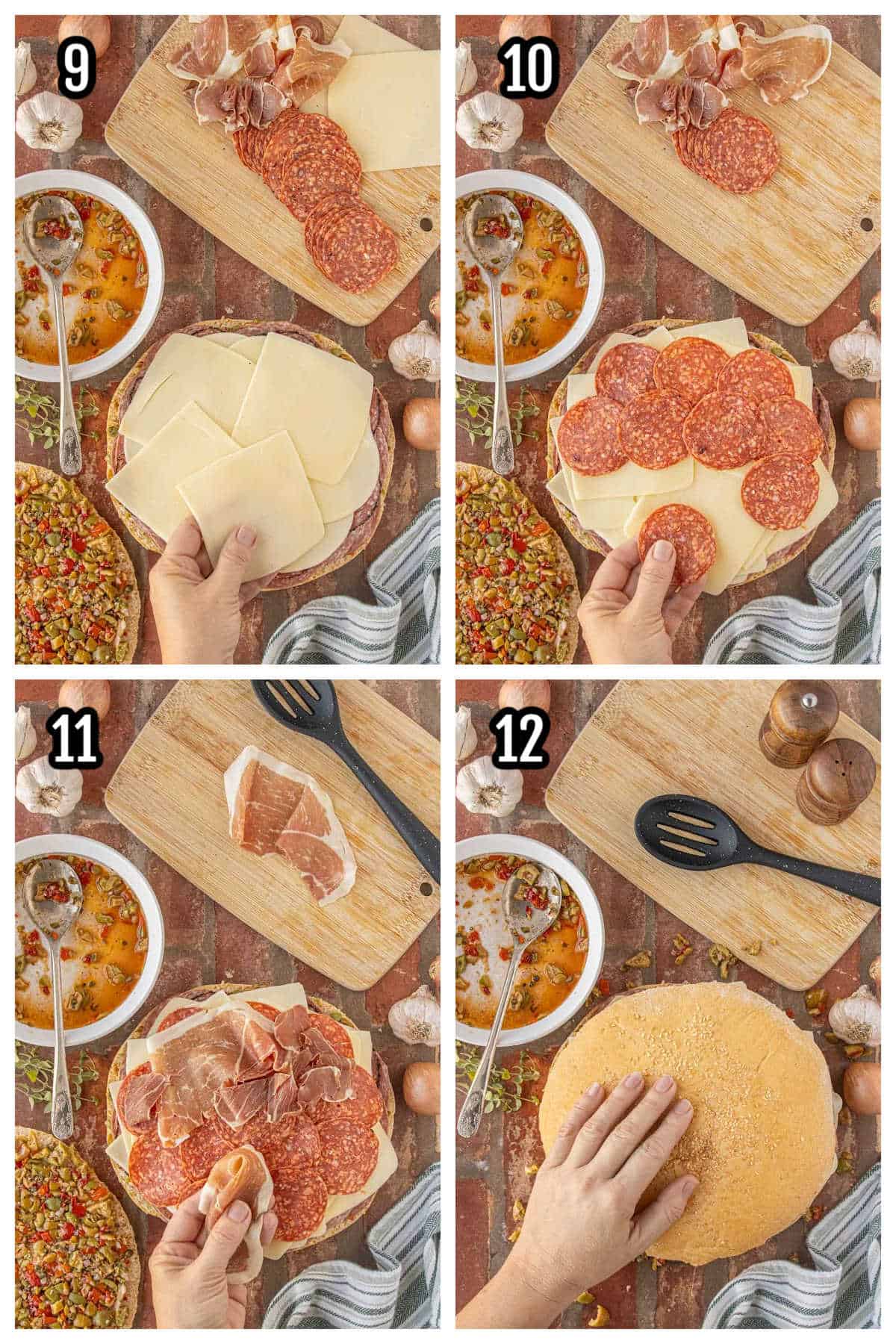 The third set of instructions feature how to layer the Italian meat and cheese.
