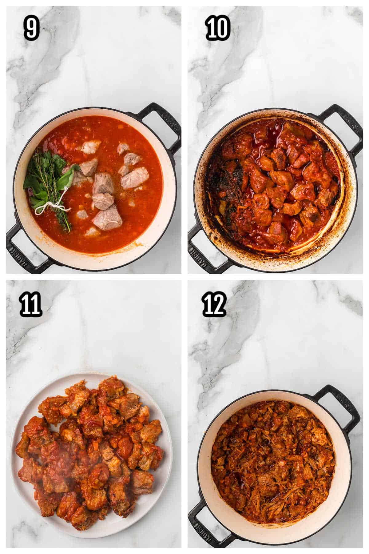 A collage featuring steps nine through twelve for the Italian pork shoulder bolognese sauce.