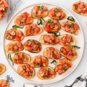A white platter holds French baguette slices with tomato bruschetta appetizer.