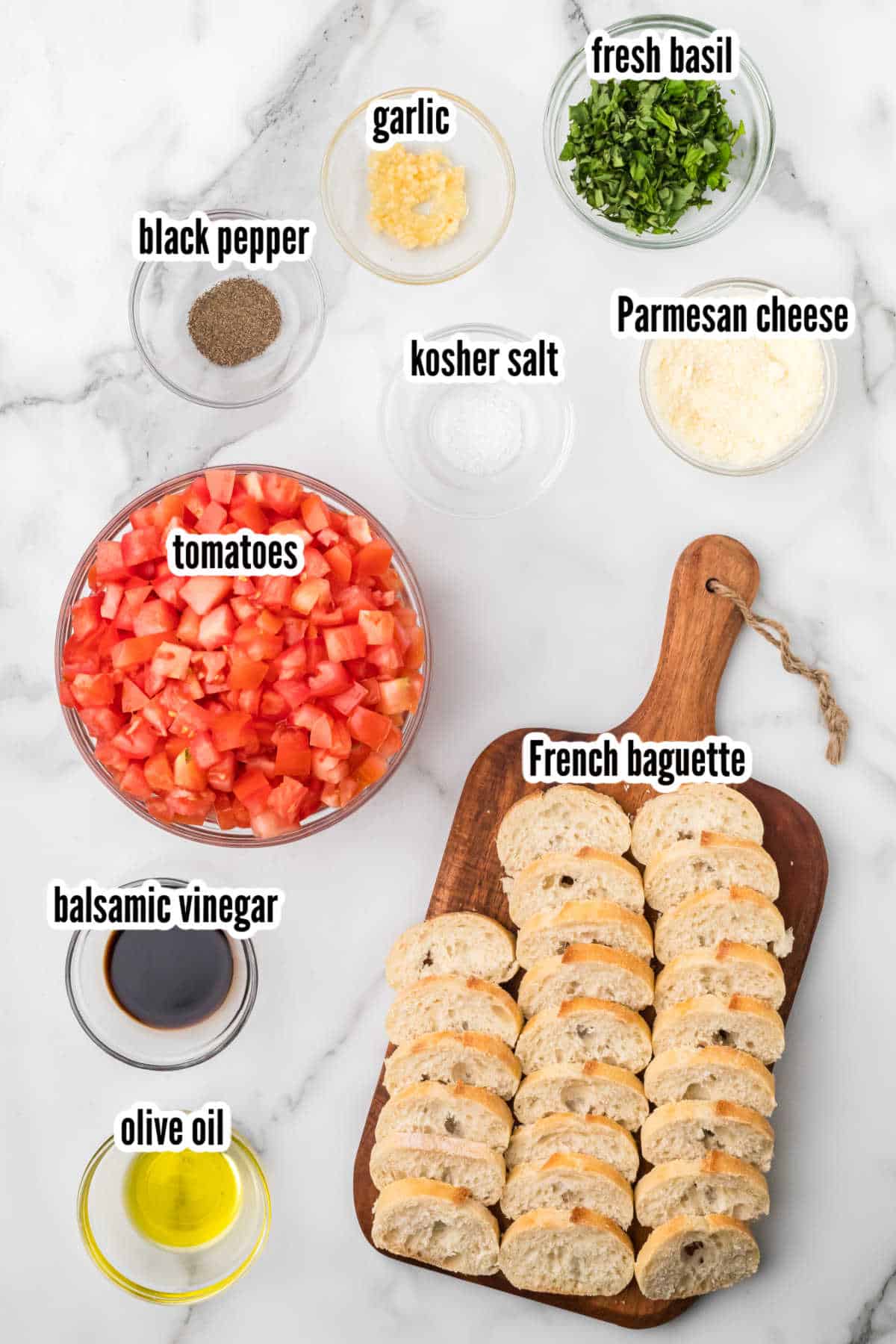 The ingredients needed to make the tomato bruschetta with balsamic recipe.