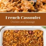 A two-photo collage showing a closeup of the French cassoulet with chicken, beans, and sausage.