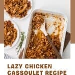 Hearty chicken and sausage French casserole in a baking dish with two plates.