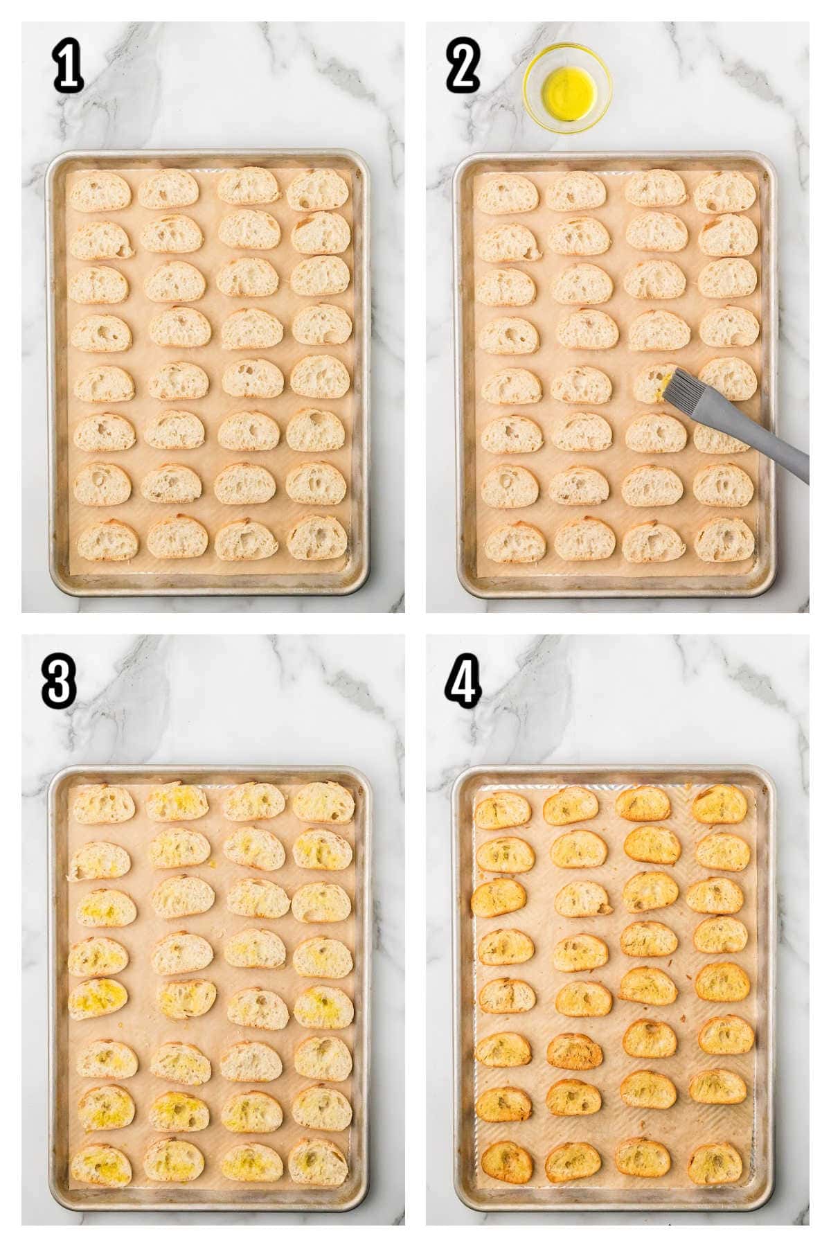 Preparing the baguette slices to toast for the base of the tomato crostini appetizer.