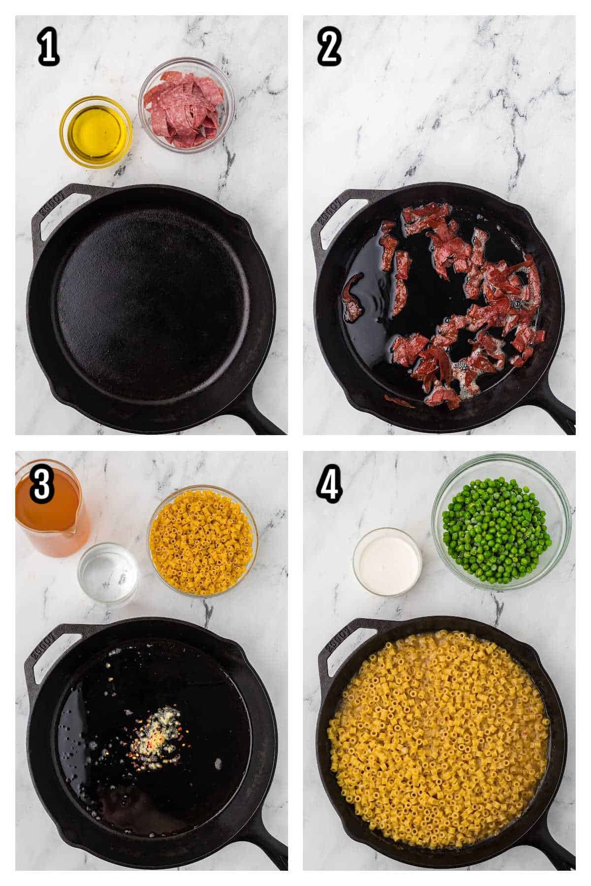 A collage featuring the first four steps to making the Pasta and Peas with salami one-skillet dish.